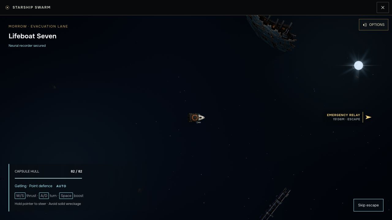 Starship Swarm in the browser, showing a small ship navigating the Lifeboat Seven evacuation lane