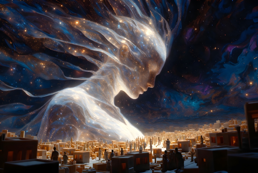 A luminous cosmic figure overlooking a city in VAEL-9’s Plastic Town artwork